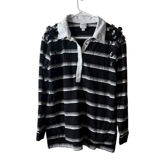 Anthropologie Maeve Black White It Girl Embellished Polo Top - Picture 2 of 7